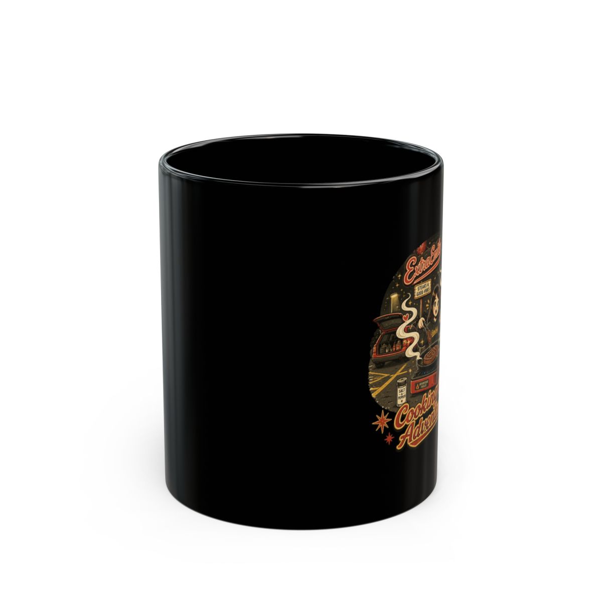 ExtraEmily "Cooking Up Adventures!" Black Mug - alternate angle 1, merchandise
